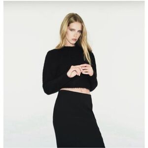 Zara Fuzzy Cropped Long Sleeve Sweater Wool Alpaca Blend Black